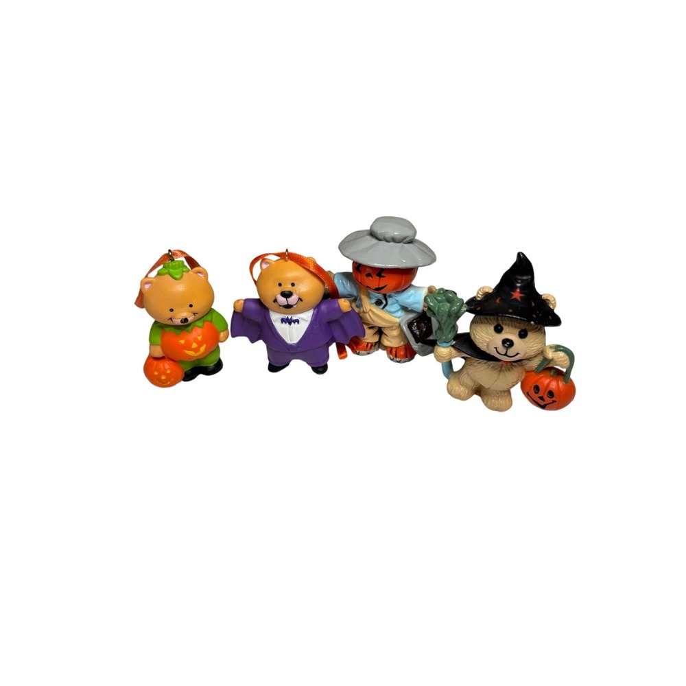 Vintage Halloween Bear Pumpkin Figurine Ornament Set Vampire Witch Scarecrow 4pc